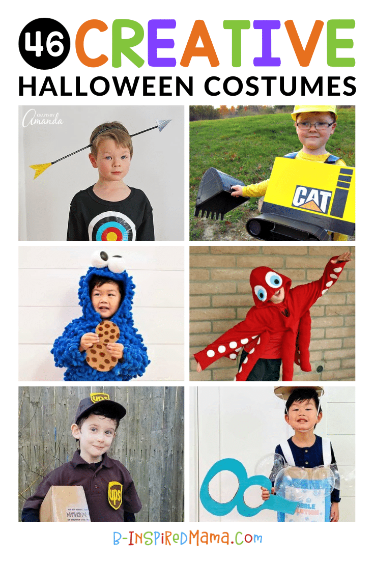 A collage of 6 photos of kids wearing DIY costumes for Halloween, including a funny arrow and target costume, a yellow excavator machine costume made out of cardboard, a cute homemade Cookie Monster costume with cardboard cookies, a creative Finding Dory Octopus costume made out of a red hooded sweatshirt, an easy DIY UPS delivery driver with brown clothing and felt UPS logos, and a homemade bubble bottle Halloween costume made out of cardboard and clear balloons.