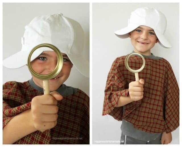 A collage of 2 photos of a child wearing a DIY detective Halloween costume consisting of a simple homemade maroon plaid poncho, a white detective hat made out of two baseball caps, and a DIY pretend magnifying glass.