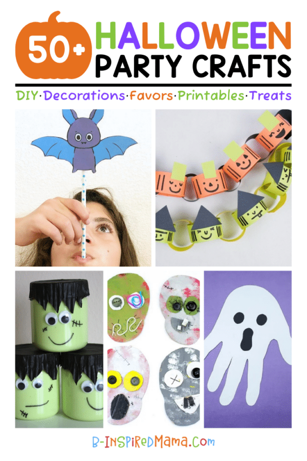 A collage of 5 photos of cute Halloween party crafts for kids including a girls blowing through the straw of a flying bat Halloween craft, paper chain pumpkin and witch garlands, plastic cups of green slime decorated to look like Frankenstein, creative cardboard zombies, and a cute white handprint ghost craft on a purple background.