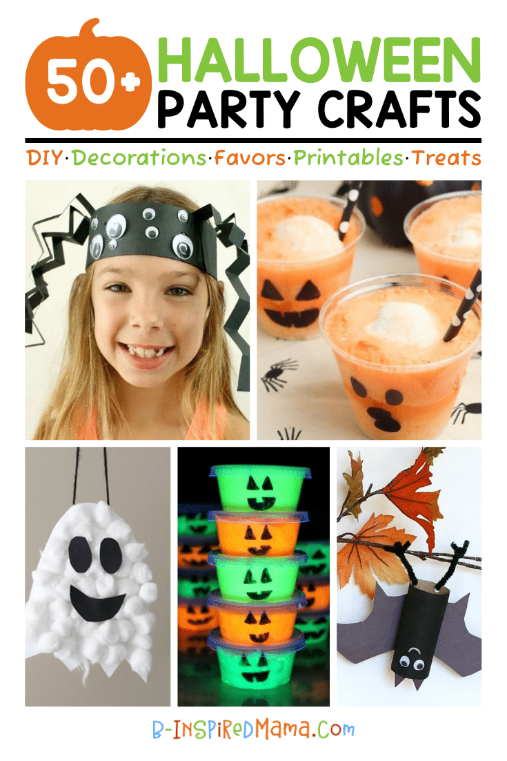 A collage of 5 photos of fun and cute Halloween party crafts for kids including a smiling child wearing a black paper spider headband, plastic cups decorated to look like Jack-O-Lanterns filled with orange soda ice cream floats, a cute fluffy ghost Halloween craft with cotton balls, plastic cups of glowing green and orange slime decorated to look like pumpkins, and a hanging paper roll bat craft.