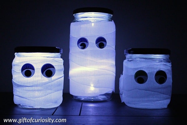 A photo of 3 easy mummy lantern crafts for Halloween.