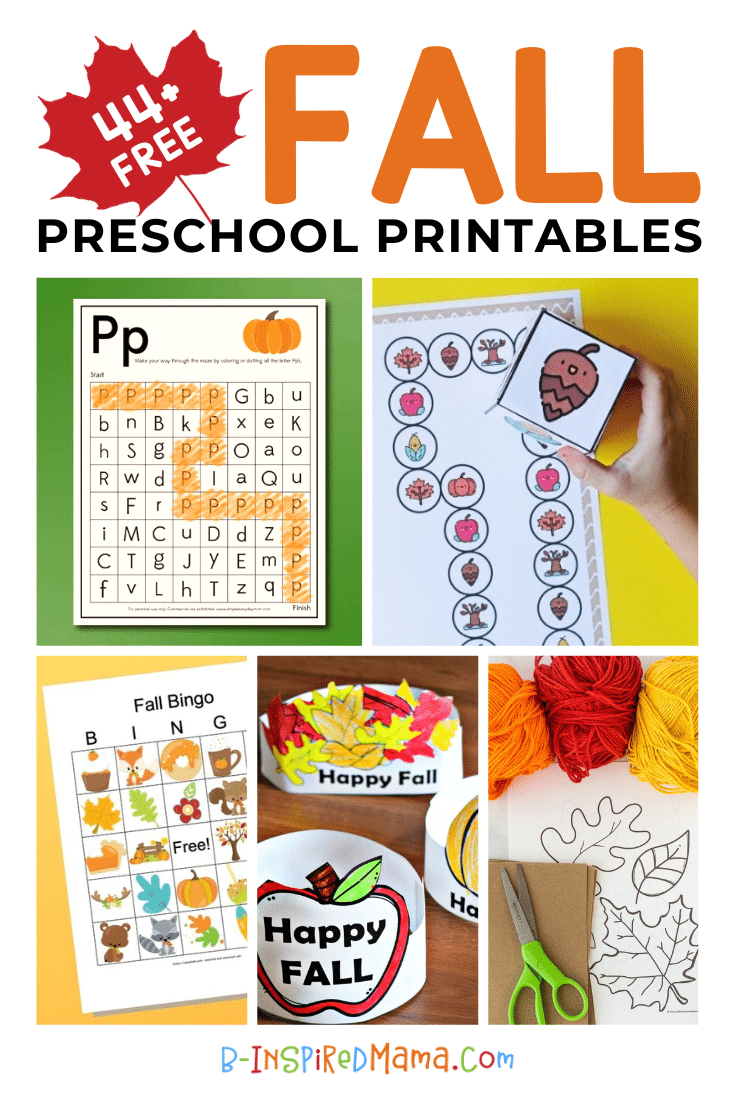 A collage of 5 photos of free Fall preschool printables, including cute preschool coloring pages, printable activity worksheets, printable paper crafts, and printable preschool games for learning and play,.