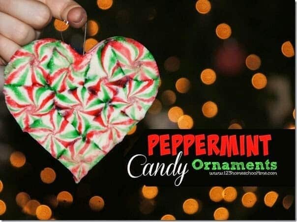 A photo of an easy ornament idea for preschoolers featuring a heart-shaped ornament made out of melted peppermint candies.