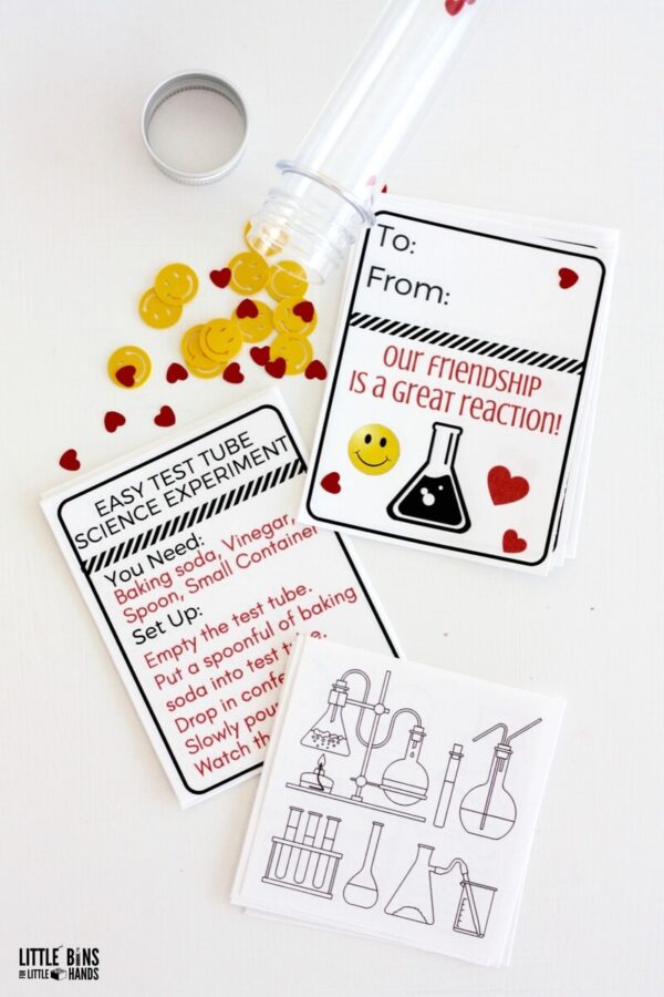 The parts of a kids science test tube Valentine including a test tube with Valentine's Day sequins spilling out of it as well as free printable Valentine saying "Our friendship is a great reaction!" and featuring an "Easy Test Tube Science Experiment" instructions.