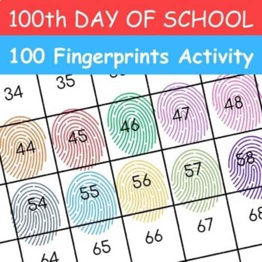 A photo of a 100th day of school printable fingerprint activity featuring colorful fingerprints on numbers.