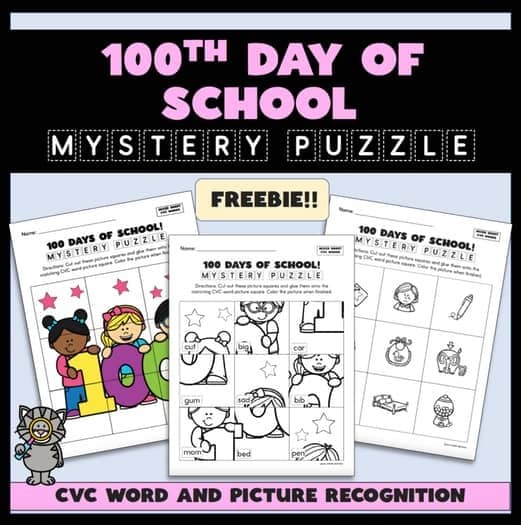 A photo of 3 free 100 days of school printable mystery puzzles for practicing CVC sight words.