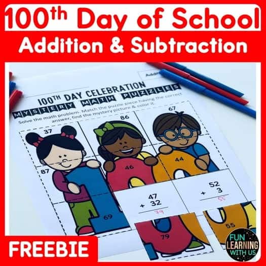 A photo of a colorful 100th day of school worksheet featuring addition and subtraction math problems to reveal a colorful mystery picture of happy kids holding the number 100.