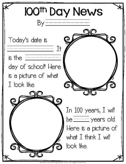 A free 100th day of school printable featuring drawing and writing prompts in the theme of "100th Day News."