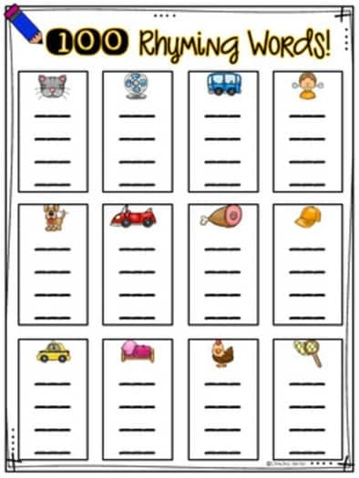 A photo of a 100 Rhyming Words 100th Day of School Printable for kids to celebrate 100 days of learning.