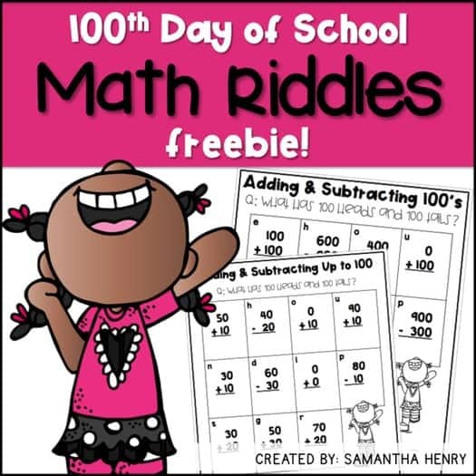 A photo of 2 free 100 days of school printable math riddle worksheets with addition and subtraction problems to make 100.