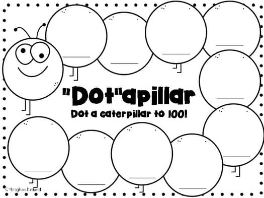 A cute "Dot"apillar Dot a Caterpillar 100 day of school printable activity for preschool kids featuring a cute caterpillar illustration made up of 10 big circles for students to use dot markers in.