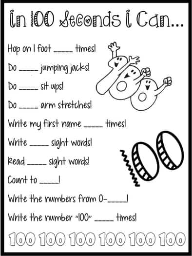A kids 100 days of school printable featuring "In 100 seconds I can..." challenging kids to see how many of each activity they can do in 100 seconds.