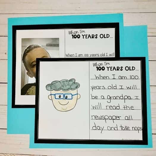 A photo of 2 free 100 days of school printables featuring writing and drawing prompts about when kids are 100 years old.