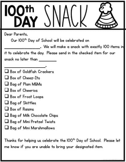 A photo of a 100th day snack printable parent letter.
