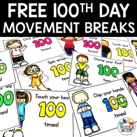 A photo of colorful 100th day of school printable movement cards for kids featuring cute kids illustrations and fun exercise challenges.