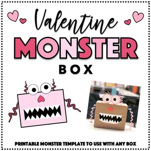 A graphic showing a free printable monster Valentine box craft for kids, featuring a brown cardboard box with a wide rectangular slot cut out of the front of it and printable monster parts cut out and glued onto it, including big round eyeballs on top, zig-zag arms on each side, an upside-down heart nose, and sharp white paper teeth along the top and bottom edges of the opening.