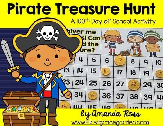 A photo of a fun pirate treasure hunt activity featuring a 100 chart and chocolate gold coins for the 100th day of school.