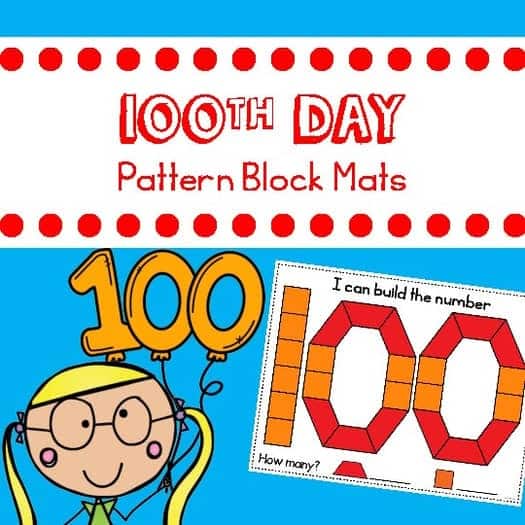 A photo of a free printable 100th day of school pattern block mat for preschool kids to build the number 100 out of pattern blocks.