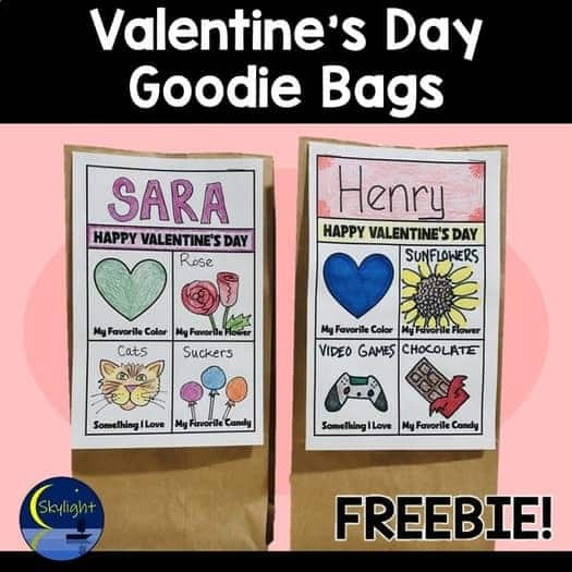 A photo of two DIY Valentine bags made out of brown paper lunch bags with printable worksheets stapled onto them featuring children's names and colorful drawings of their favorite things.
