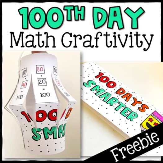 A collage of 2 photos of a 100 days of school printable craft lantern featuring math problems, too.