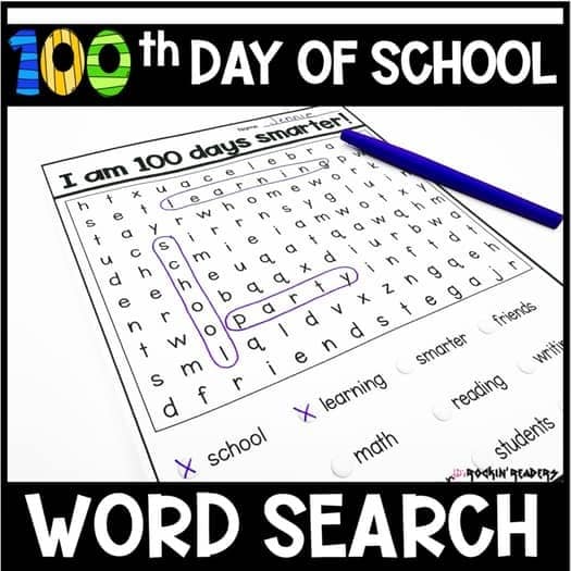 A photo of a free 100th day of school worksheet featuring a school-themed word search for kids.