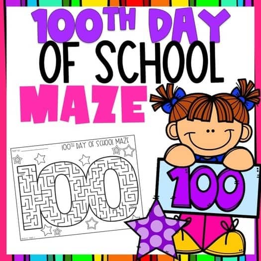 A photo of a free 100th day of school printable maze worksheet for kids that's shaped in the number 100.