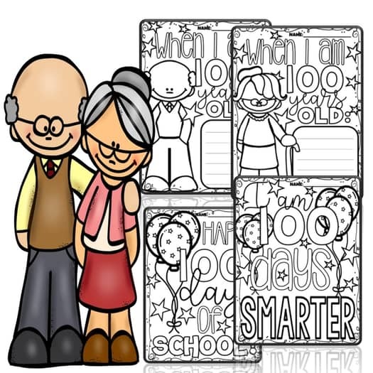 A photo of 4 free printable 100 days of school printables for kids to write about what life will be like when they are 100 years old.