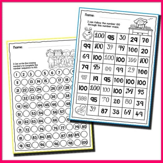 A photo of 2 free 100th day of school worksheets featuring math number math for preschool or kindergarten students.
