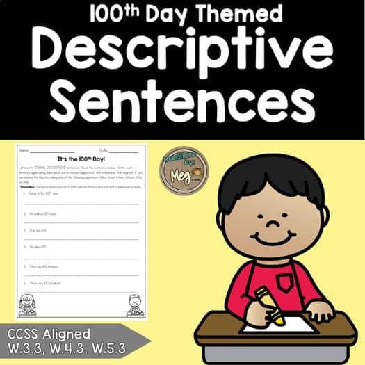 A photo of a free 100 days of school worksheet for kids to practice writing descriptive sentences.