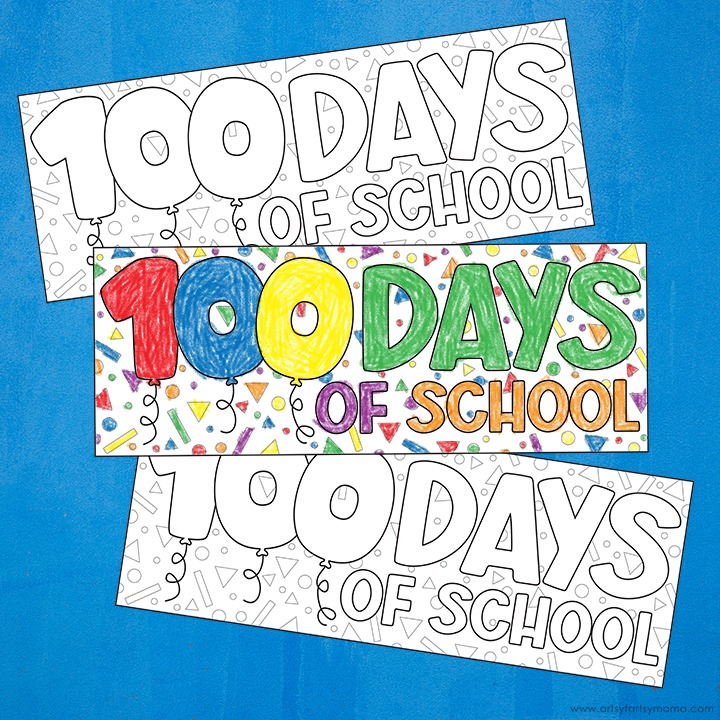 A photo of 3 free printable 100 days of school bookmarks for kids to color on the 100th day of school.