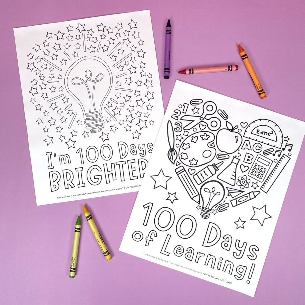 A photo of 2 free printable 100 days of school coloring pages featuring a lightbulb theme, school supplies, and the phrases, "I'm 100 days brighter!" and "100 days of learning!" with crayons alongside them.