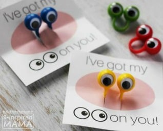 Two printable Valentines for kids featuring cute little plastic eye finger puppets and the saying, "I've got my eyes on you!"